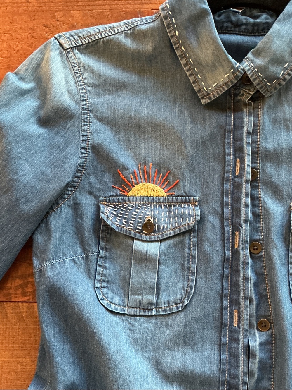 Unique Denim Button-Down Shirt with Subtle Sun Embroidery - Light Blue